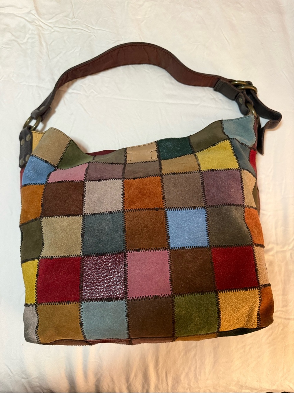 Rare Ugly Betty Y2K Lucky Brand Leather Suede Patchwork Hobo Bag - Seen on TV - Picture 2 of 12